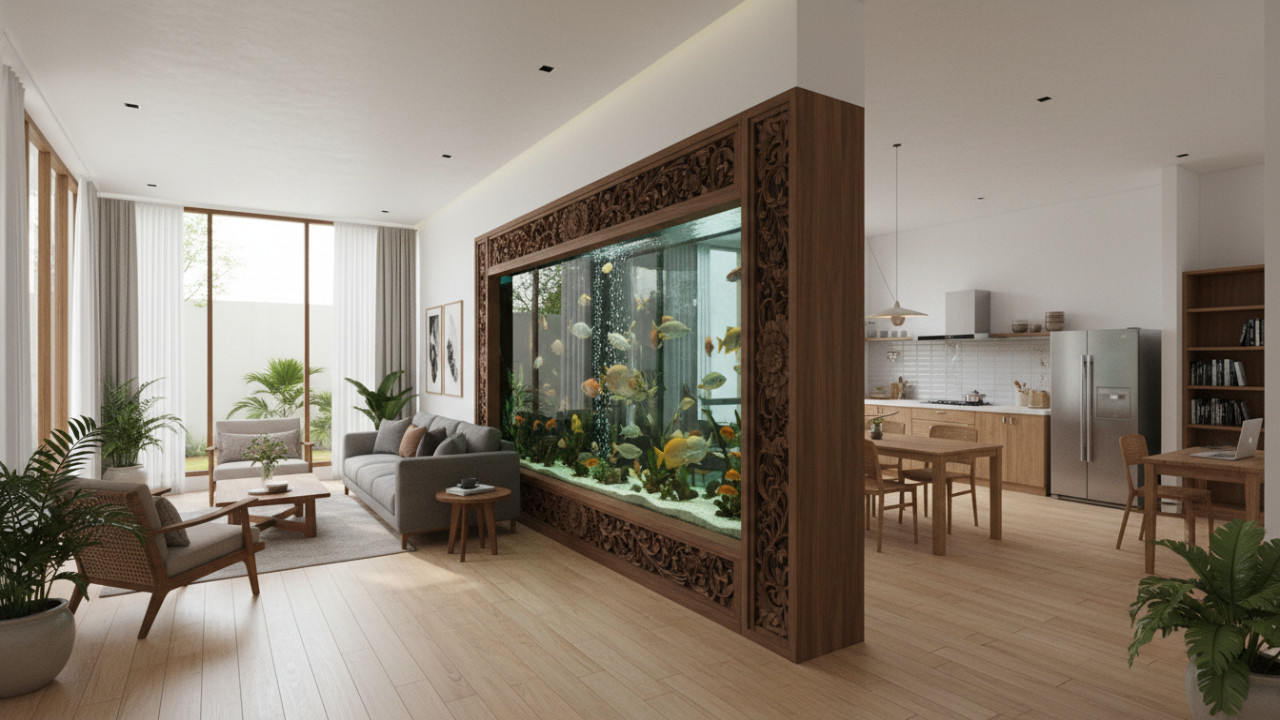 Akuarium terintegrasi dalam desain rumah modern sebagai elemen arsitektur hidup yang menyatu dengan ruang.