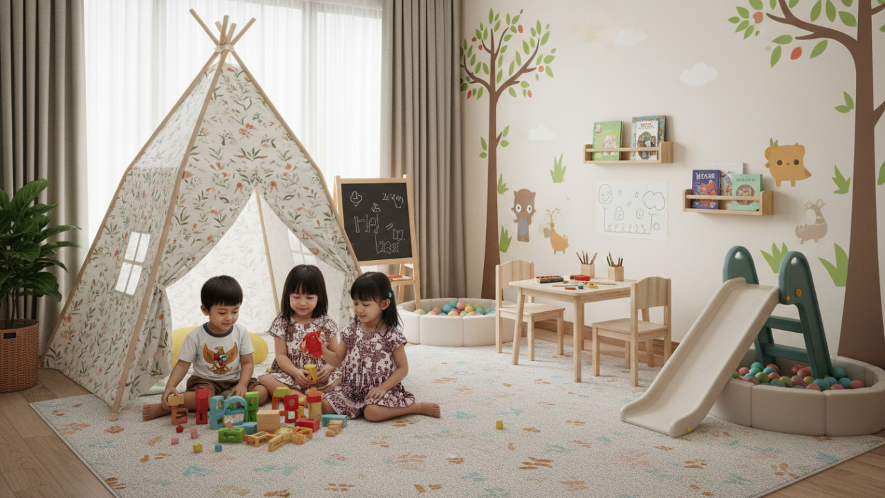Taman bermain anak sederhana di rumah dengan tenda dan area bermain kreatif yang mendukung imajinasi.
