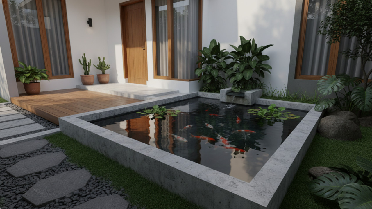 Kolam ikan mini sebagai elemen arsitektur hunian modern yang menyatu dengan ruang.