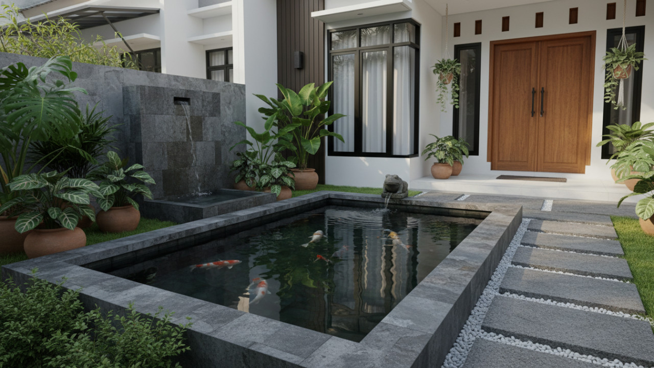 Kolam ikan mini taman depan menyambut visual rumah modern.