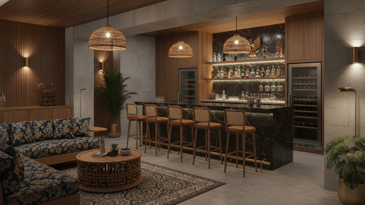 Desain bar basement memberi kesan santai sekaligus elegan