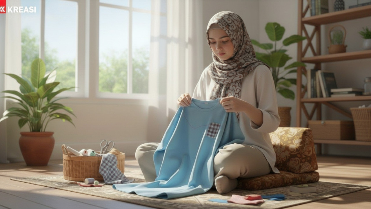 Menjahit lubang kecil pada baju dengan alat sederhana, solusi praktis perawatan pakaian.