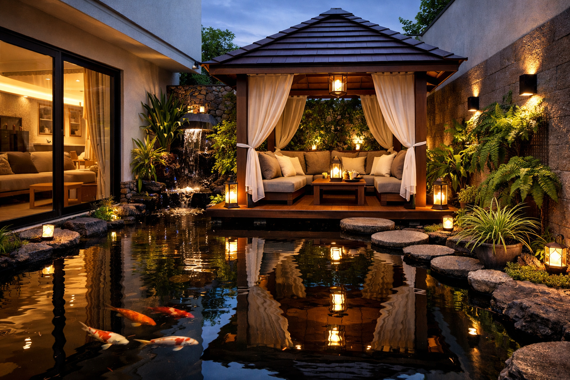 Pantulan air kolam ikan dengan gazebo di lahan sempit memperkaya visual rumah minimalis.
