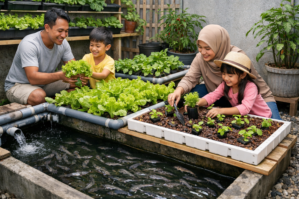 Aktivitas edukasi keluarga melalui perawatan akuaponik di rumah.
