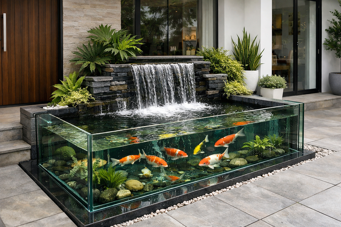 Kolam ikan kaca minimalis di depan rumah dengan air terjun mini yang menambah kesan relaksasi hunian.
