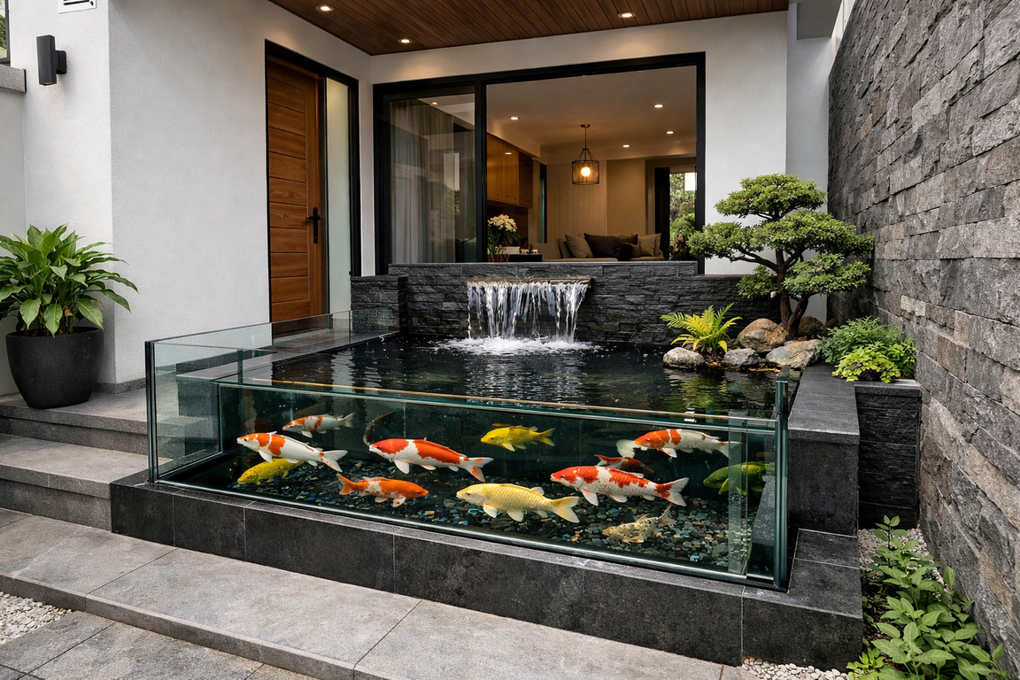 Kolam ikan kaca minimalis model elevasi.