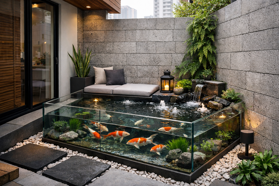 Kolam ikan kaca minimalis di depan rumah model sudut minimalis.