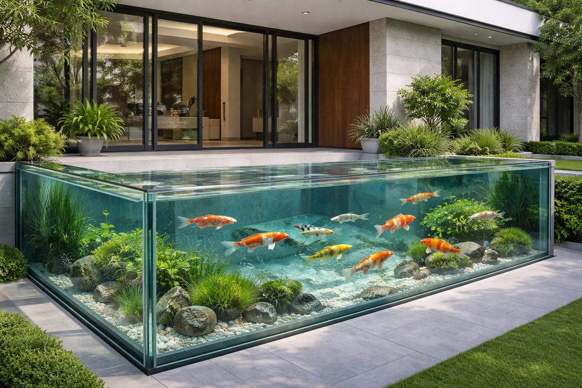 Kolam ikan kaca minimalis transparan penuh di depan rumah.