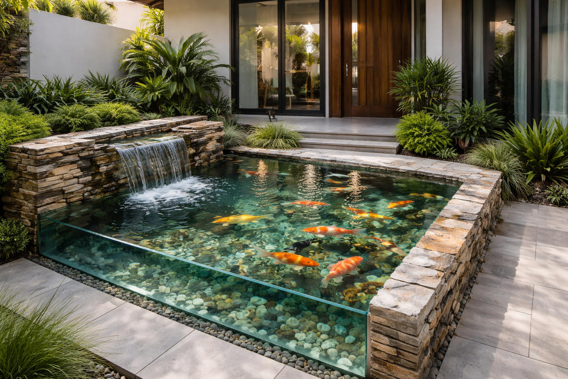 Kolam ikan kaca minimalis di depan rumah dengan kombinasi kaca dan batu alam menciptakan nuansa alami dan kontemporer.