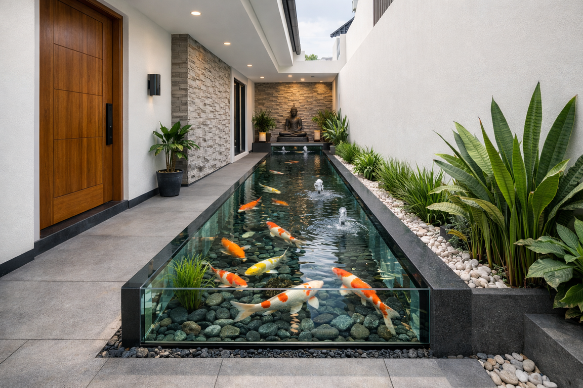 Kolam ikan kaca minimalis di depan rumah model linear memanjang.