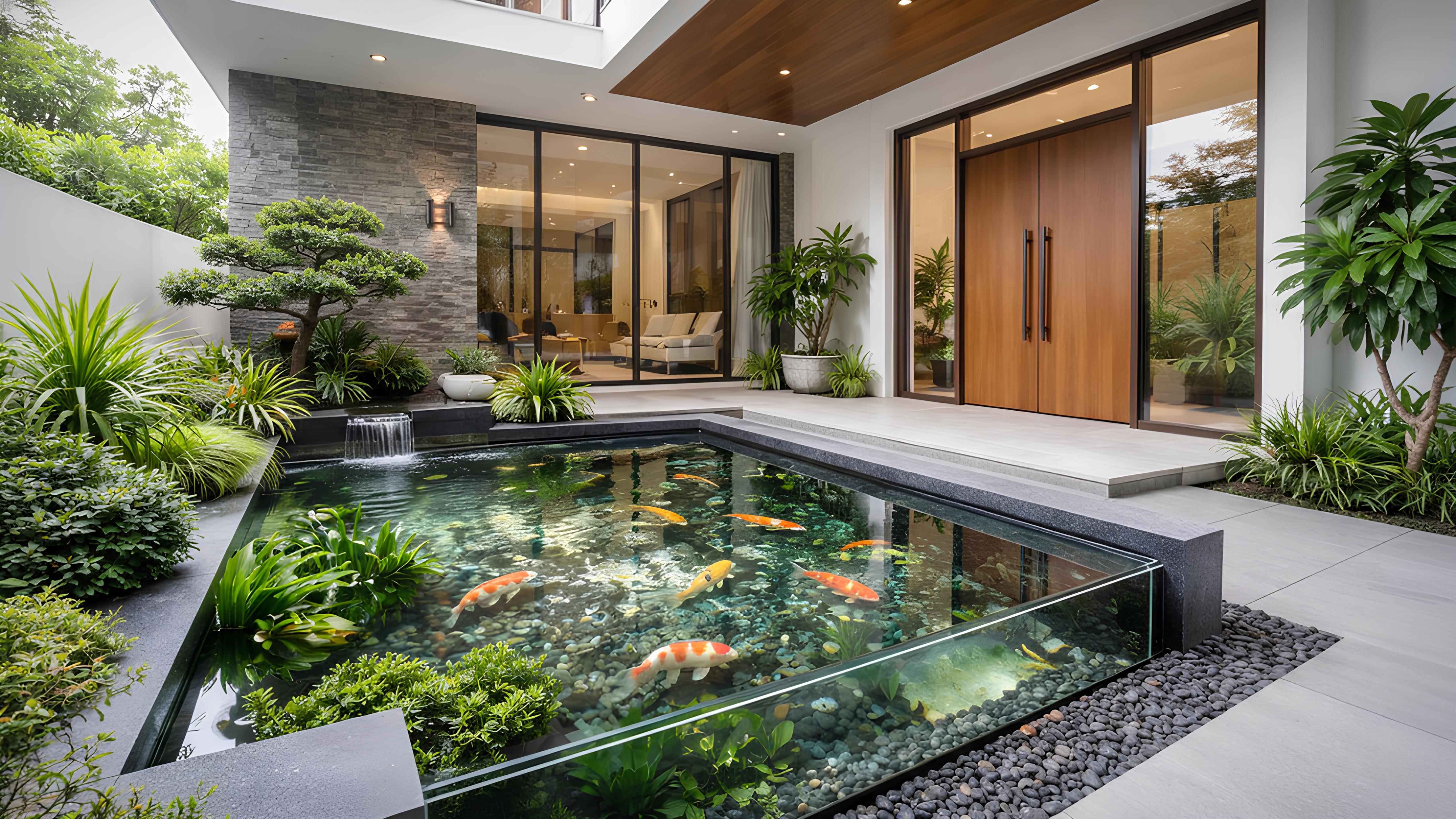 Kolam ikan kaca minimalis di depan rumah dengan tampilan modern, bersih, dan estetik.