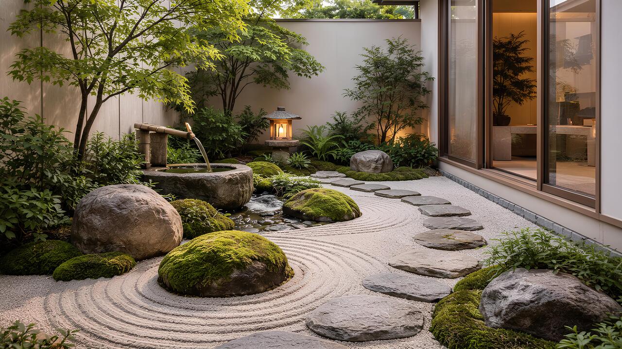 Zen Garden ala Jepang dengan batu dan pasir menciptakan suasana tenang di rumah.