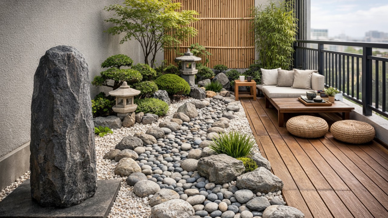 Zen Garden Jepang modern di balkon dengan lantai kayu.