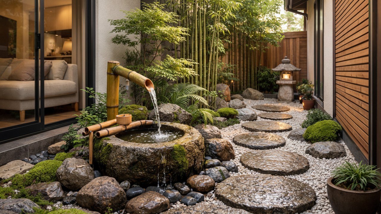 Zen garden Jepang menampilkan jalan setapak roji dengan batu pijakan estetik serta pancuran bambu shishi-odoshi sebagai elemen suara alami.