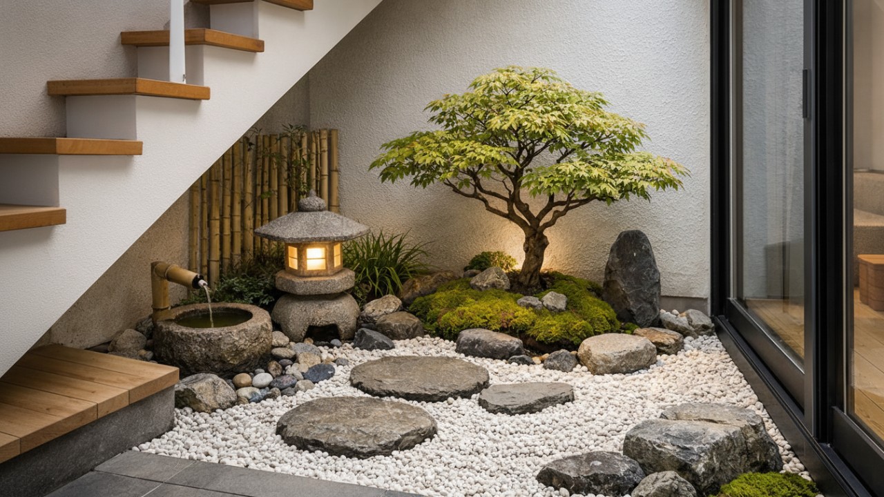 Zen Garden Jepang model Tsubo-niwa di bawah tangga rumah minimalis dengan satu pohon mungil.