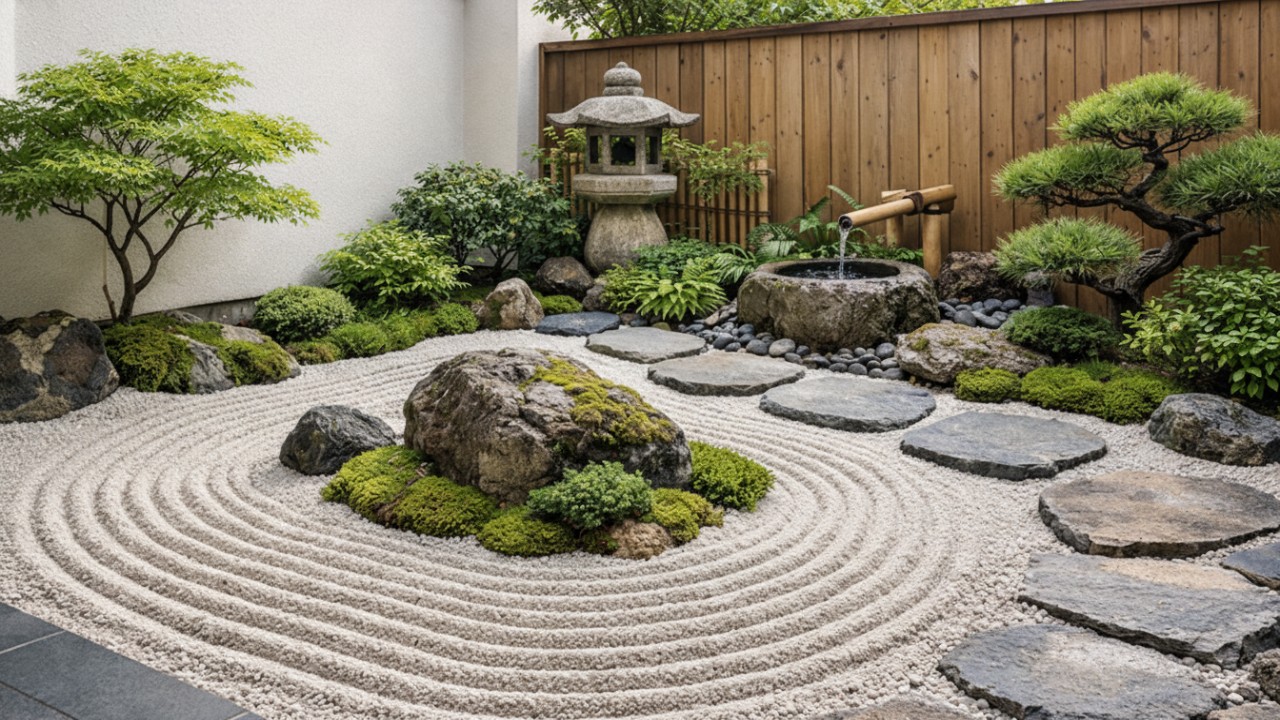 Zen Garden ala Jepang dengan hamparan pasir karesansui yang disisir rapi menciptakan suasana tenang.