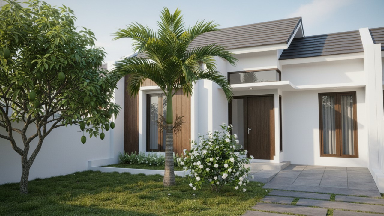 Pohon palem, melati dan pohon mangga di halaman rumah