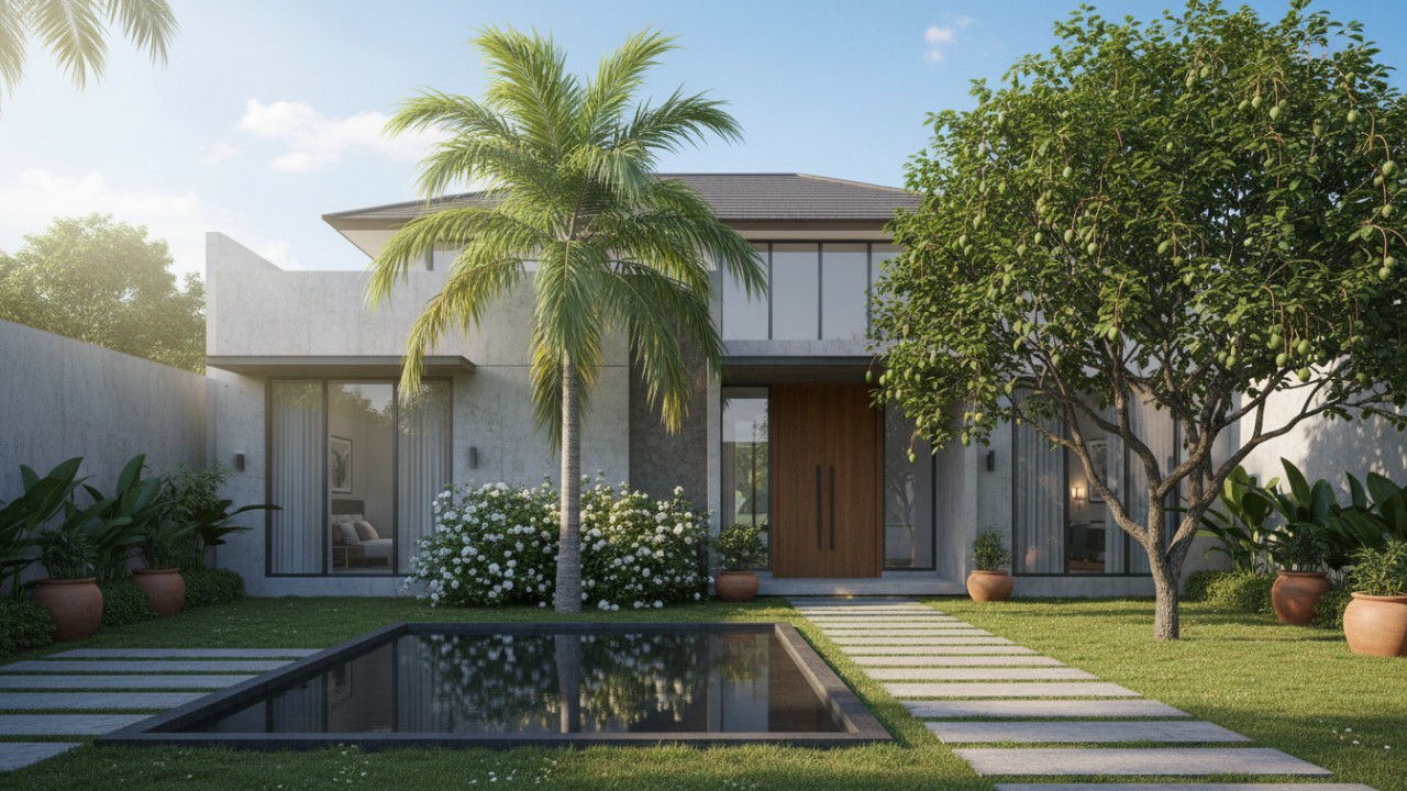 Pohon palem, melati dan pohon mangga di halaman rumah Modern
