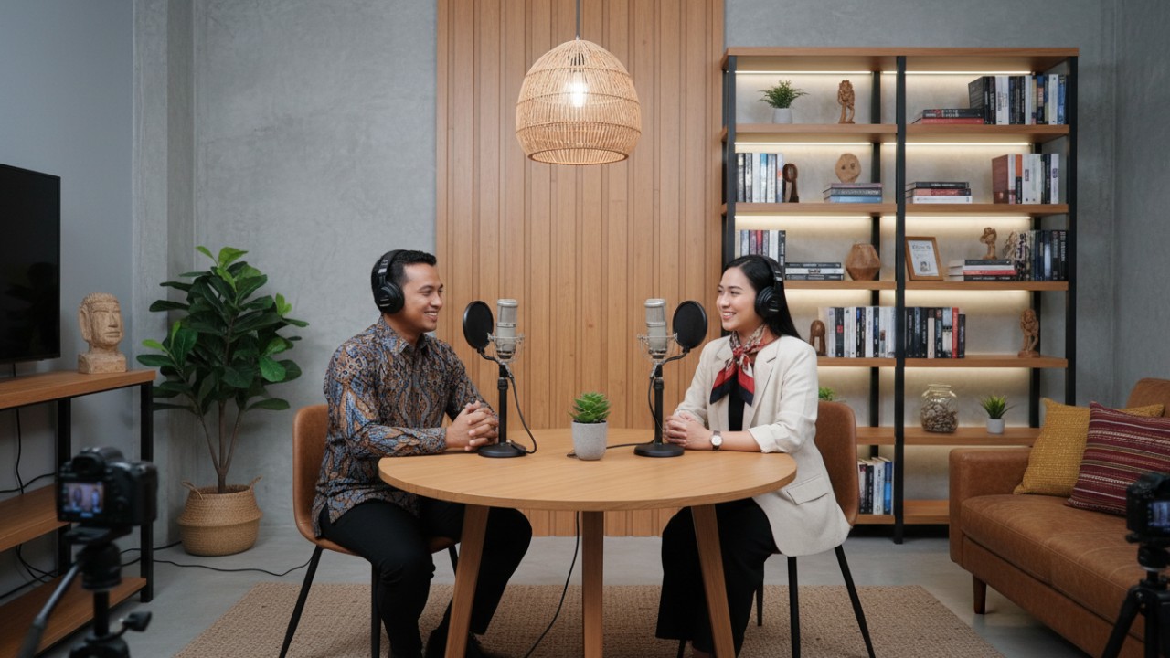 Host podcast berbincang santai dengan mikrofon sederhana. layaknya wawancara di Stasiun Radio