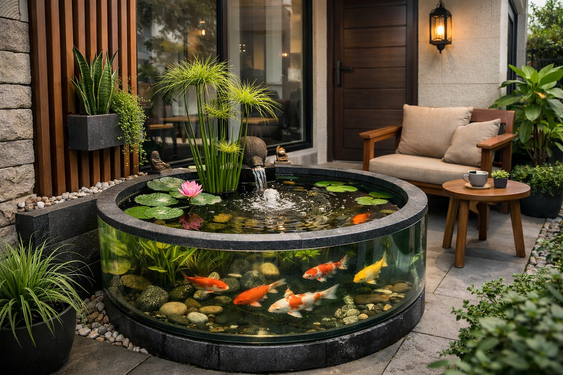 Kolam ikan kaca minimalis di depan rumah dalam pot besar.