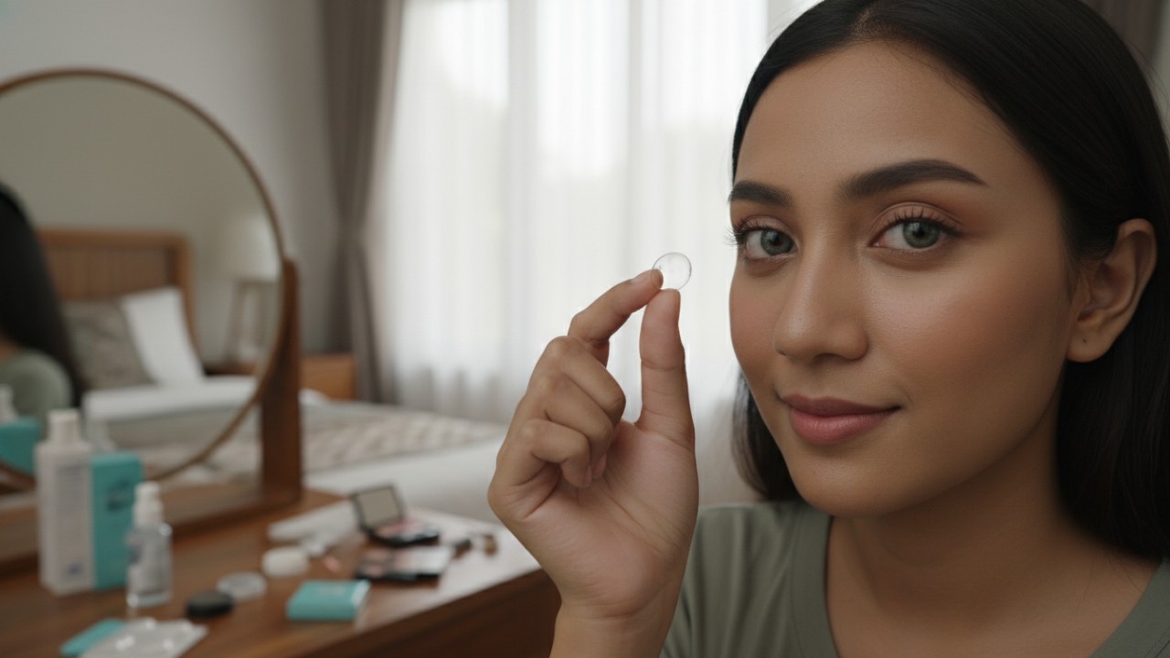 Gambar ilustrasi proses memakai softlens dengan tangan bersih dan posisi lensa yang tepat.