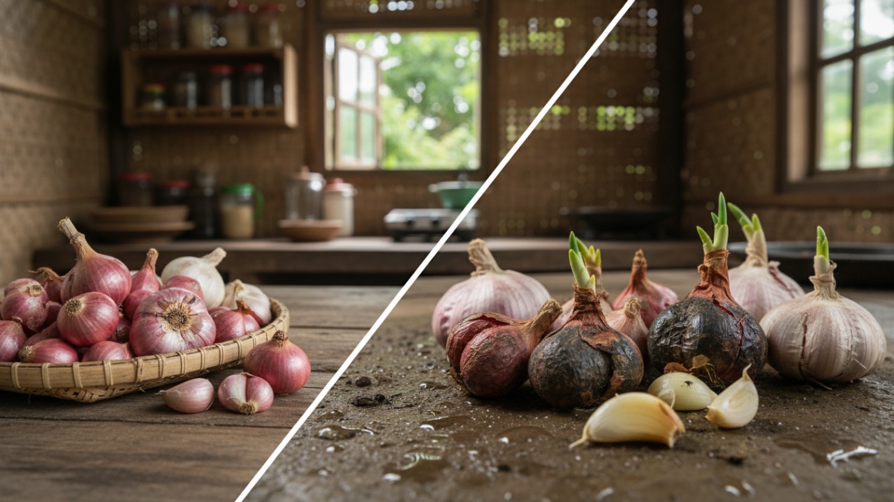 Bawang merah dan bawang putih memiliki tingkat ketahanan yang berbeda. Jika disimpan di tempat yang salah, kualitasnya cepat menurun. Kondisi lembap menjadi pemicu utama bawang membusuk