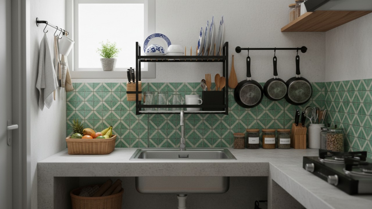 Ilustrasi dapur sempit dengan rak piring hemat ruang yang tertata rapi dan fungsional.