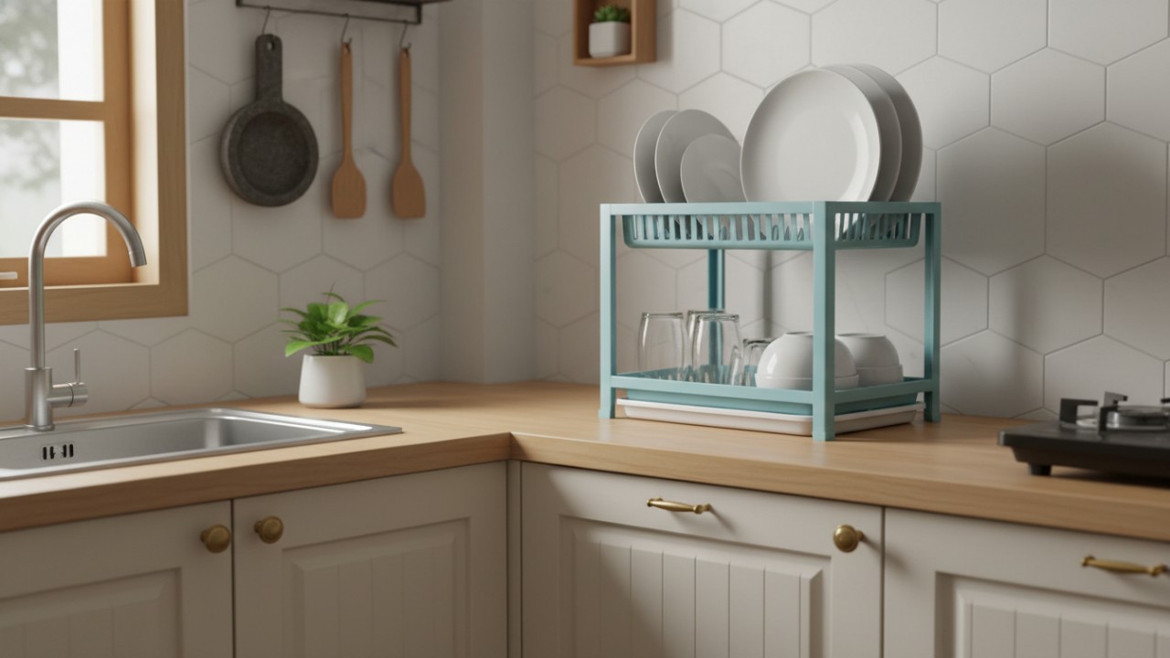 Desain rak sebaiknya mengikuti konsep dapur. Untuk dapur minimalis, rak sederhana dan ramping lebih serasi. Contohnya rak plastik dua tingkat yang ringan dan fungsional untuk piring serta gelas.