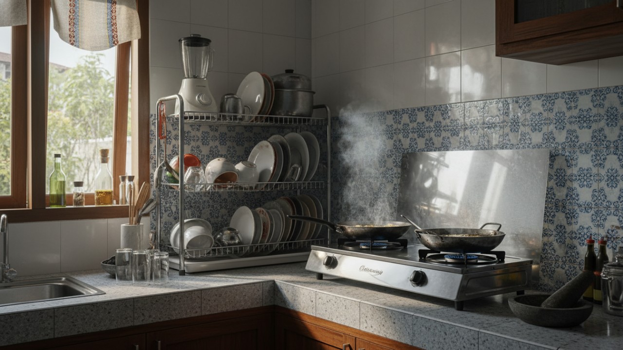 Penataan piring rapi agar dapur tidak terlihat penuh