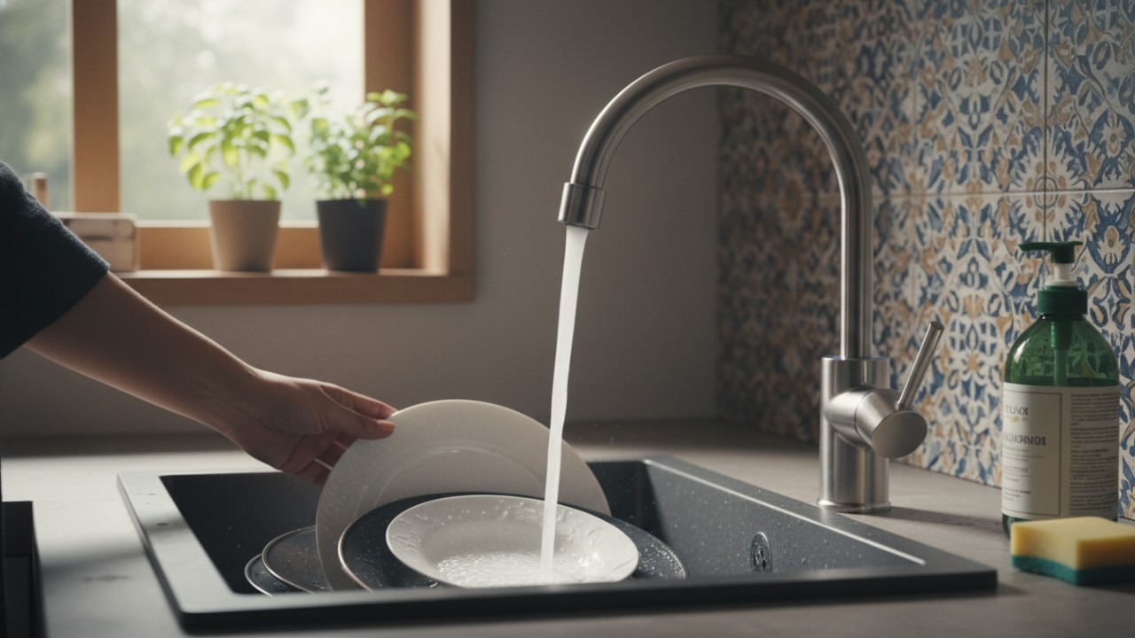 Ilustrasi kran cuci piring modern dengan desain ergonomis dan material tahan karat di dapur rumah.
