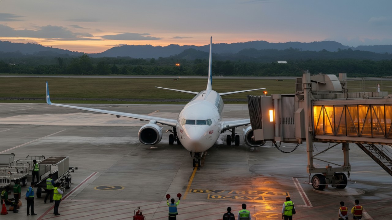 Pesawat berada di apron Bandara APT Pranoto Samarinda, saat proses boarding penumpang.