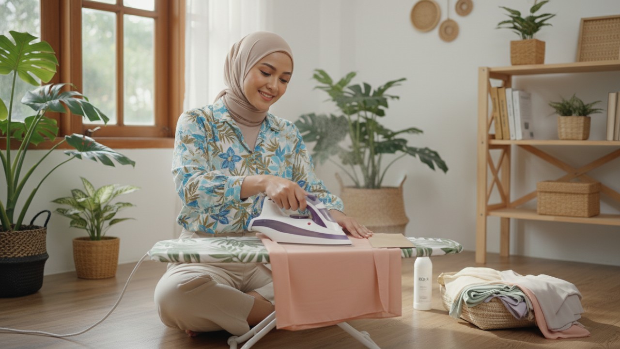 Ilustrasi proses menyetrika jilbab agar rapi dan awet.