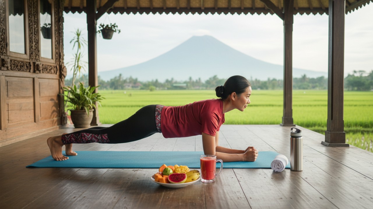 Aktivitas plank dan sit up sebagai latihan otot perut.