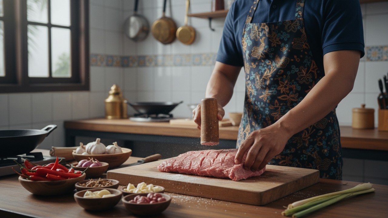Pemukulan daging untuk memecah serat otot secara merata.