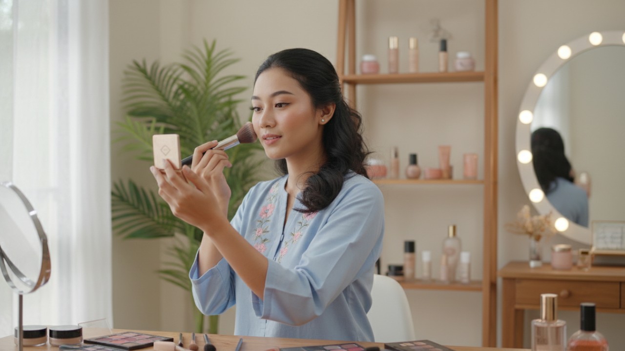 Ilustrasi perempuan mengaplikasikan blush on sesuai bentuk wajah.