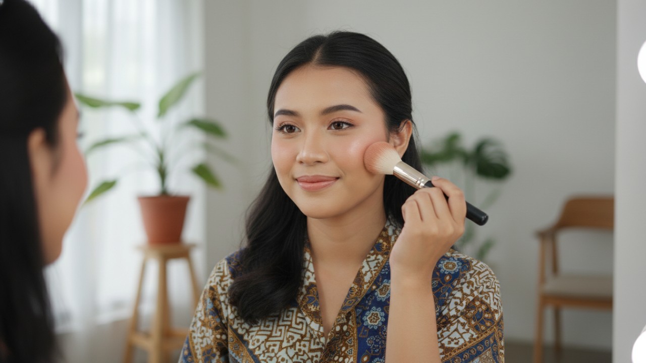 Aplikasi blush on pada wajah oval agar proporsi tetap seimbang.