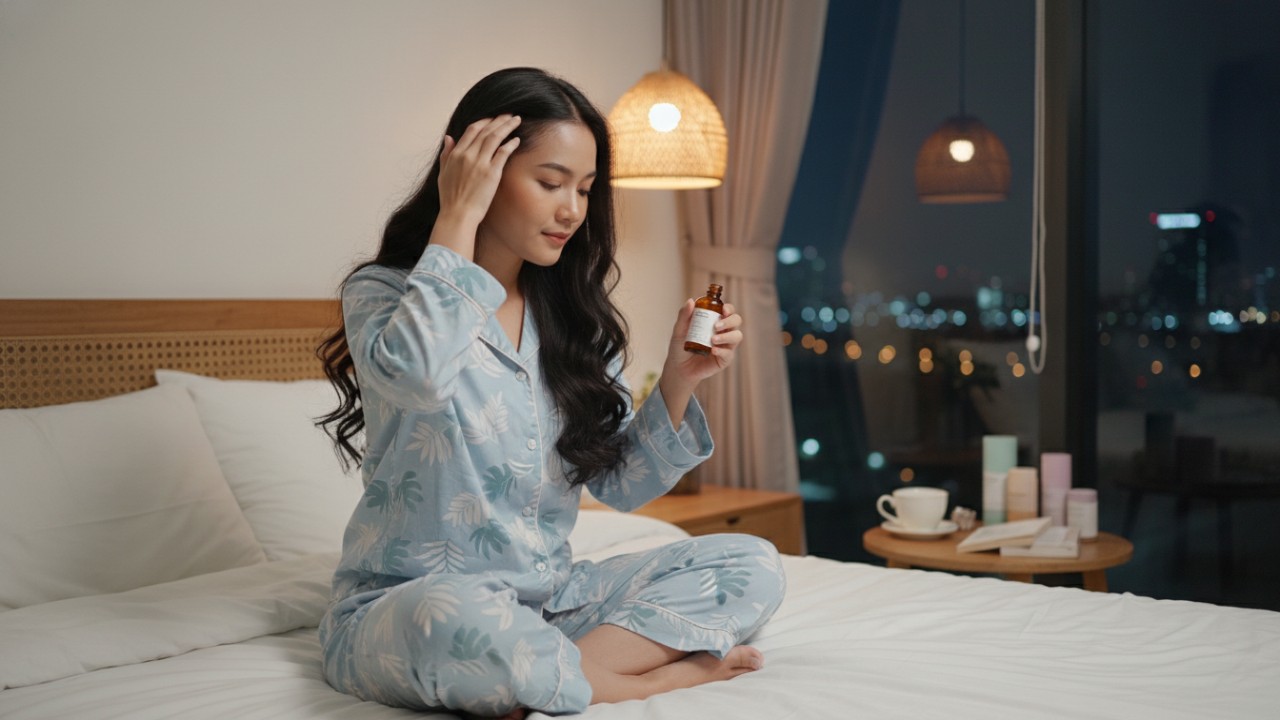 Aplikasi vitamin rambut sebelum tidur di kulit kepala.