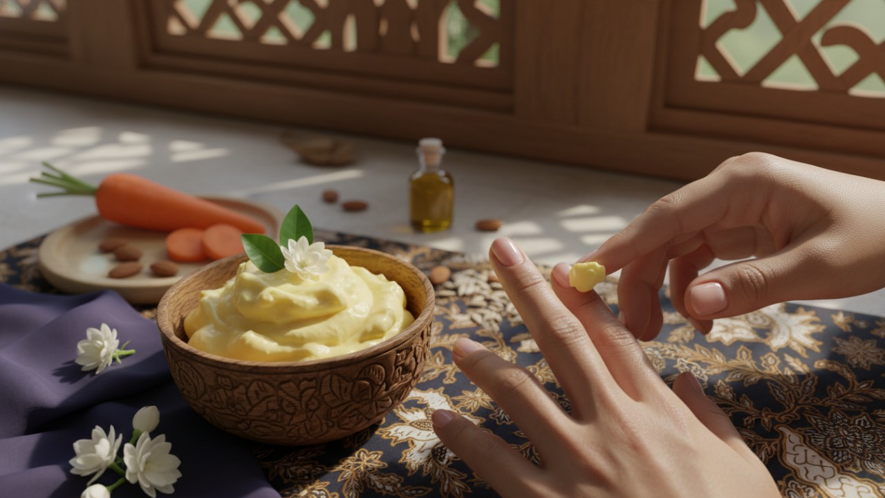 Butter dioleskan pada kuku untuk nutrisi dan kilau alami.