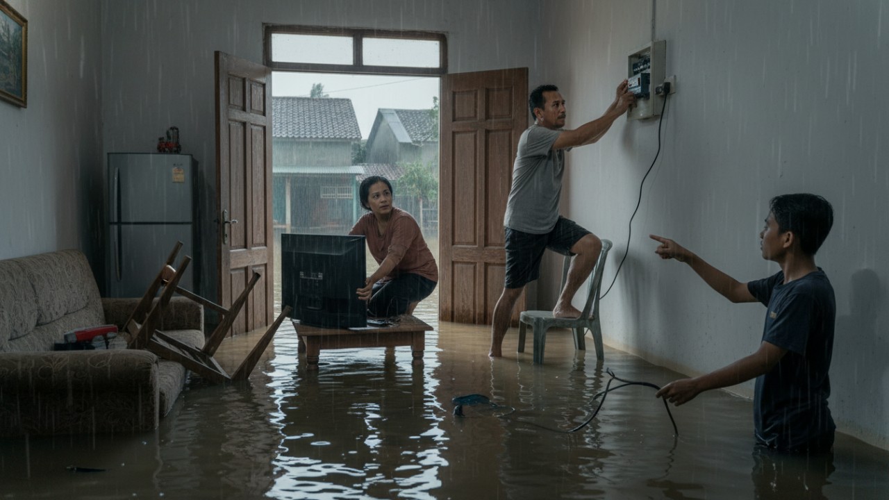 Gambaran rumah tergenang banjir dengan fokus area listrik dan perangkat elektronik sebagai konteks keselamatan.