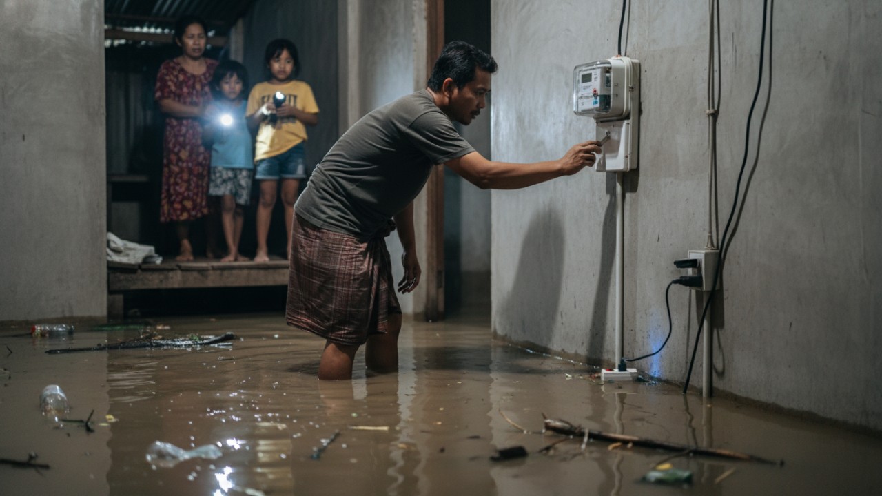 Ilustrasi meteran listrik rumah dalam kondisi banjir.