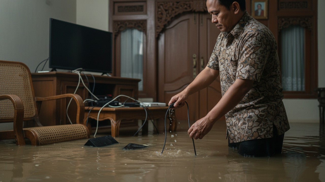 Kabel listrik terbuka di area basah.