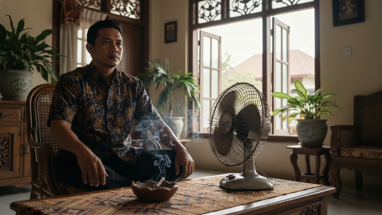 Kipas angin diarahkan ke jendela untuk mendorong asap keluar ruangan.