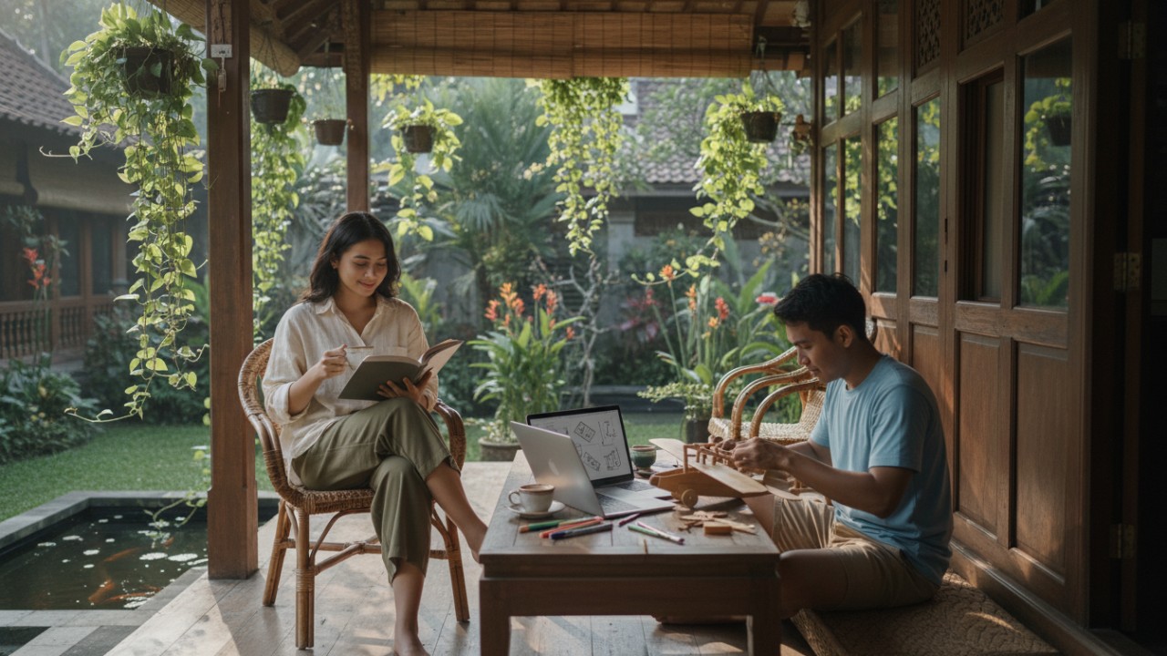 Gambaran aktivitas santai dan produktif sebagai simbol upaya mengatasi rasa malas.