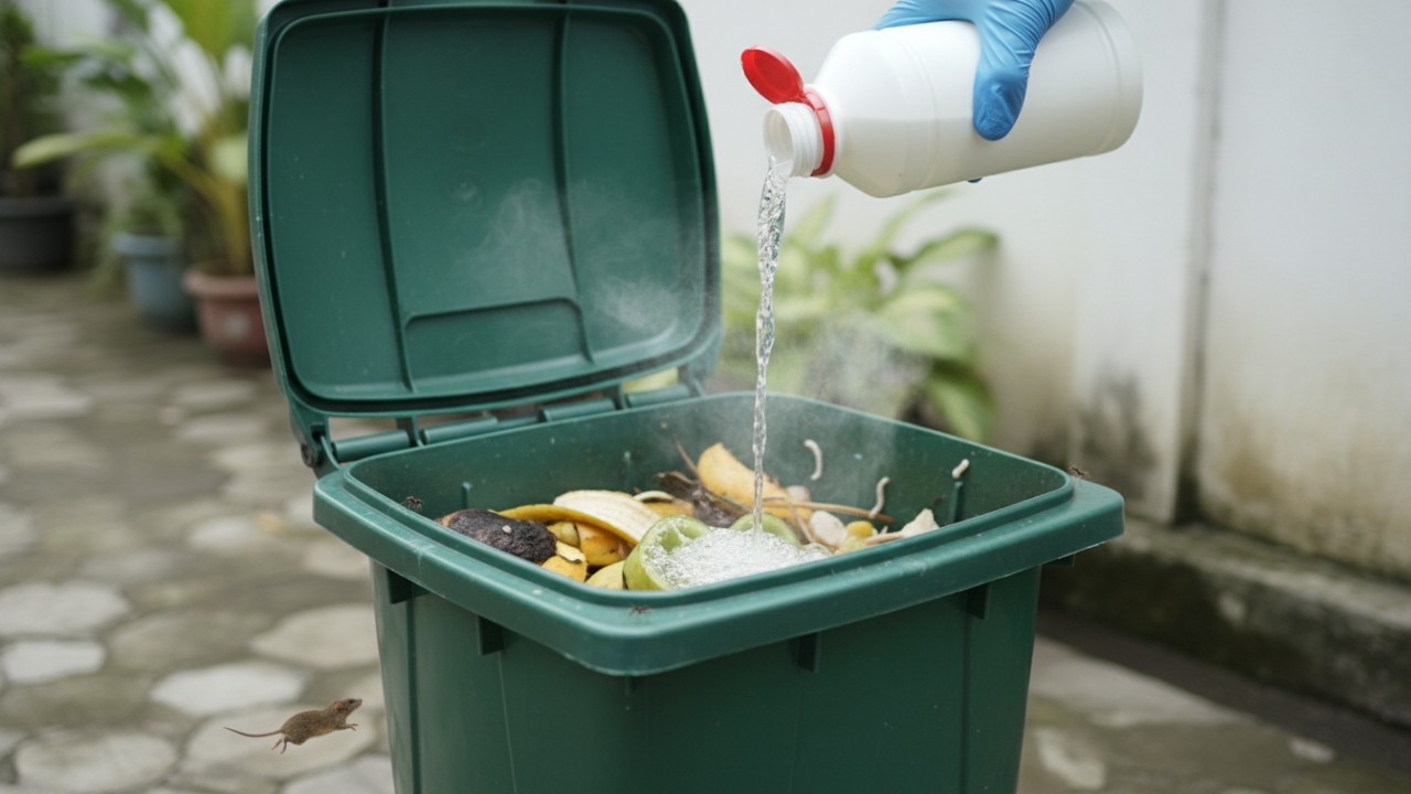 Cairan pemutih diteteskan ke tempat sampah berlapis plastik.