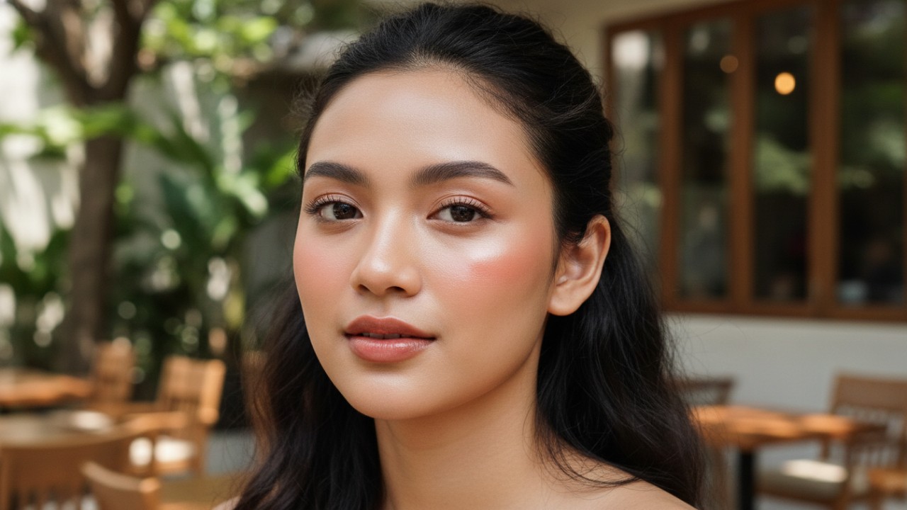 Aplikasi lip product di pipi bagian atas.