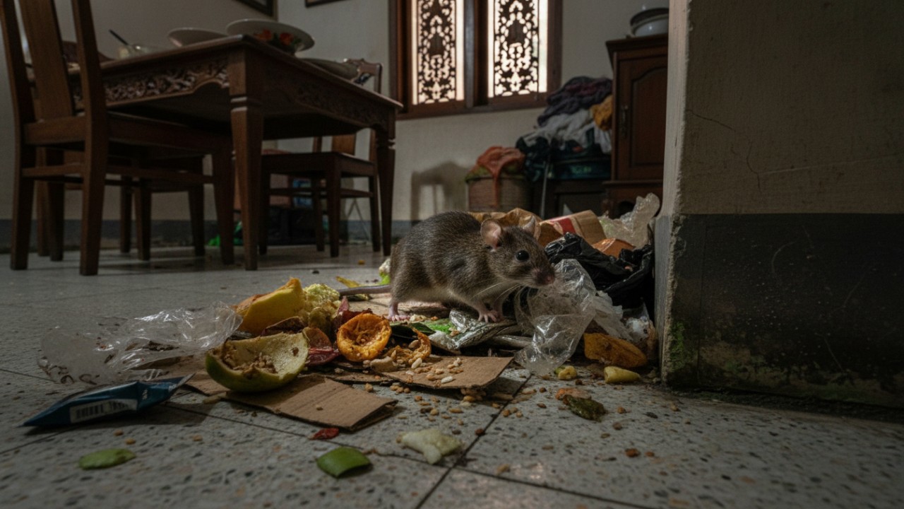 Ilustrasi dapur rumah dengan meja berisi sisa makanan yang berpotensi menarik tikus.