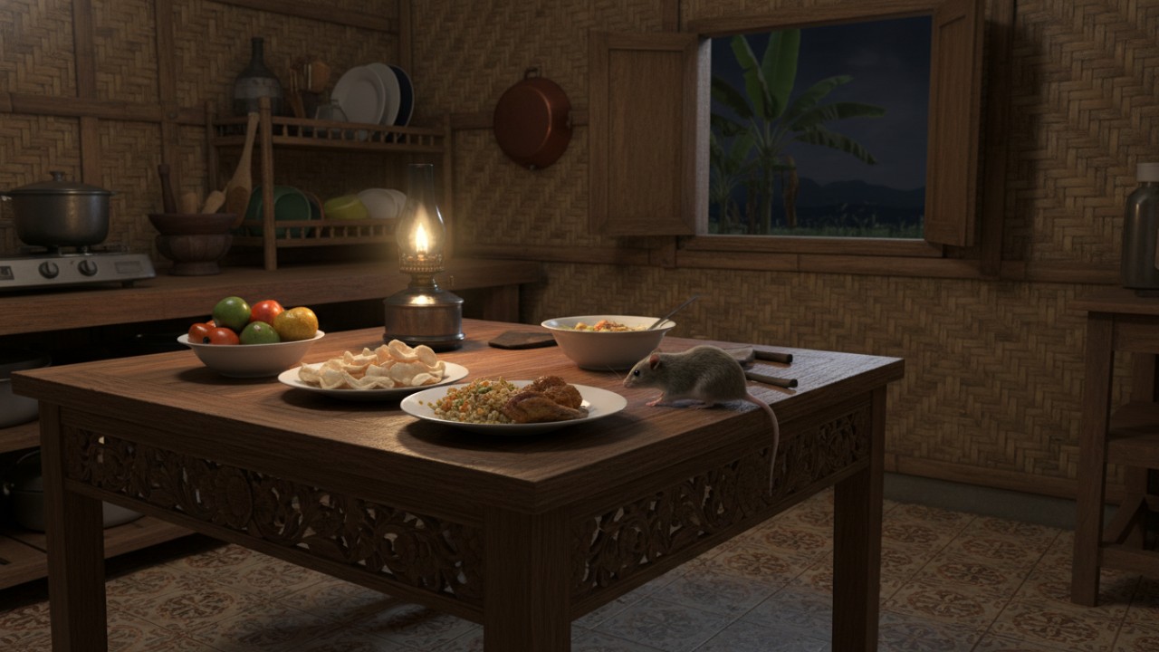 Sisa makanan terbuka di atas meja dapur rumah.