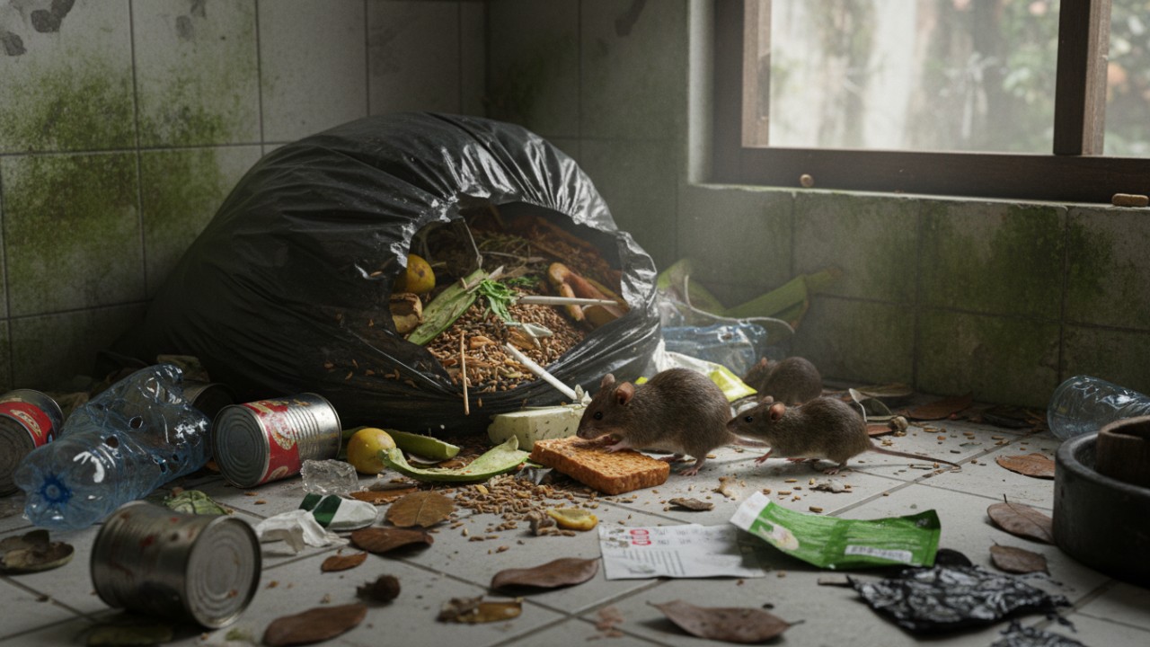 Sampah dapur menumpuk dengan plastik robek.