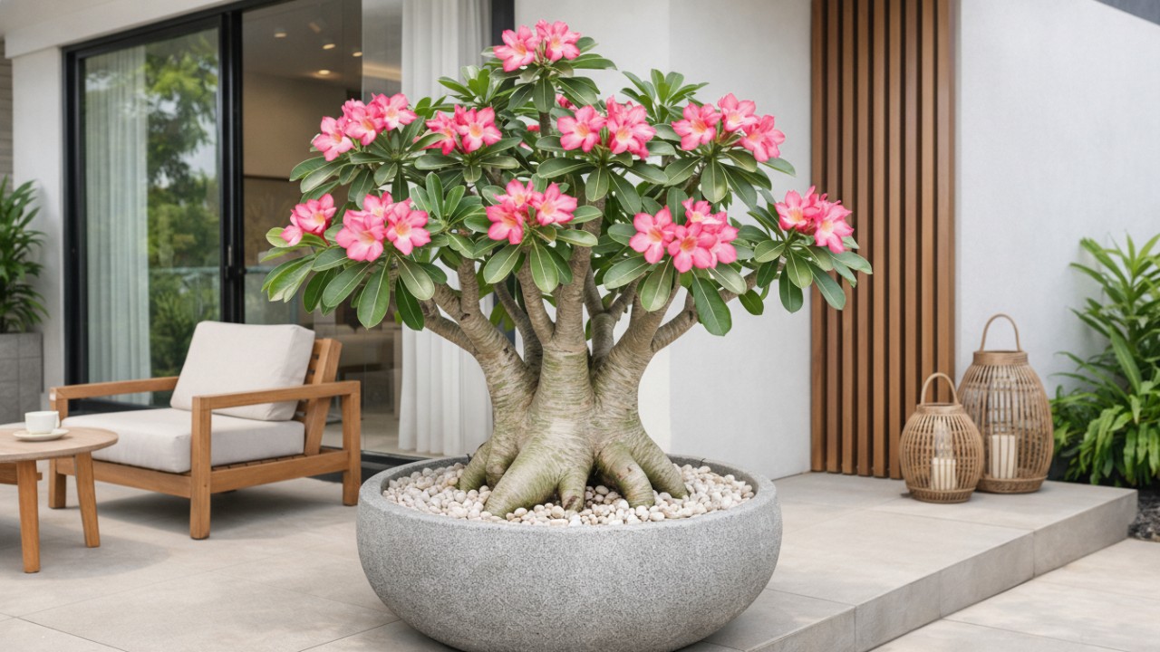 Pohon Kamboja Jepang di pot besar pada teras rumah minimalis modern.