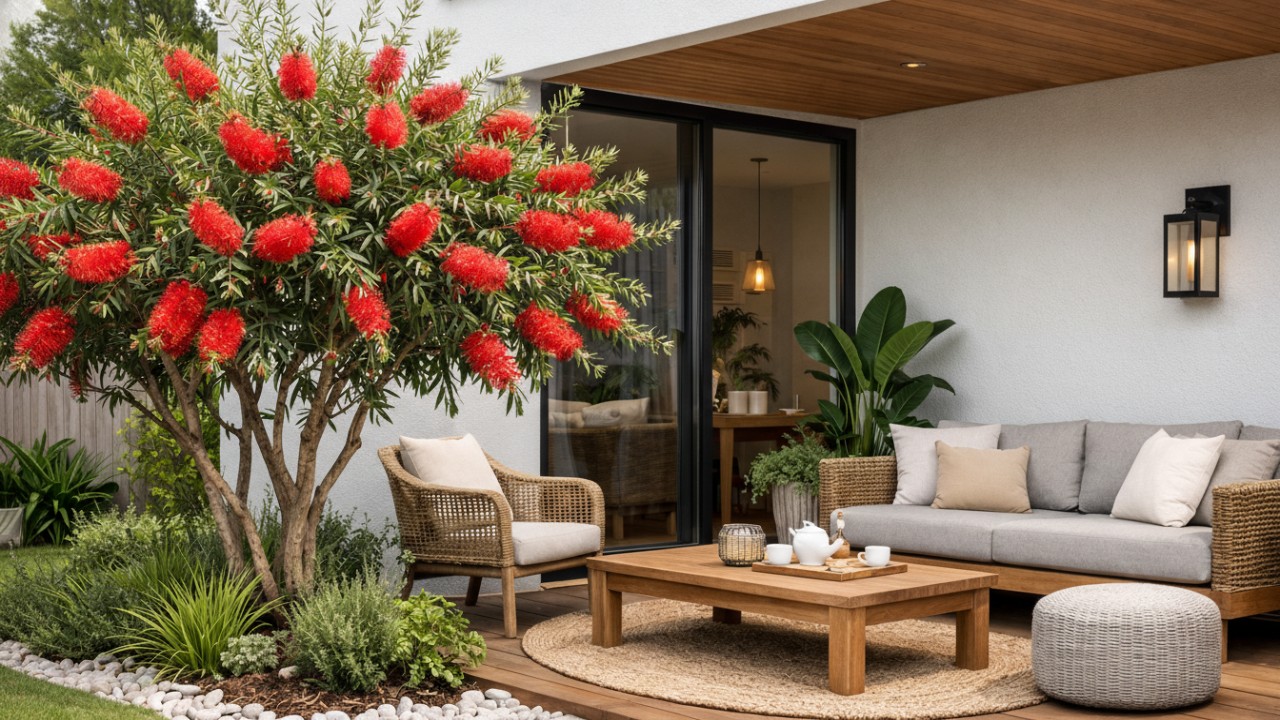 Pohon sikat botol di area teras rumah minimalis modern.